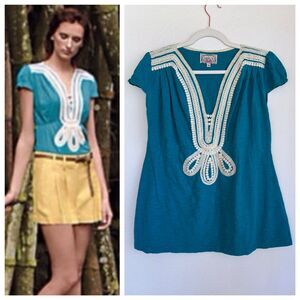 Anthro Yoanna Baraschi Crochet Applique Boho Dewbud Top in Teal & White Size M